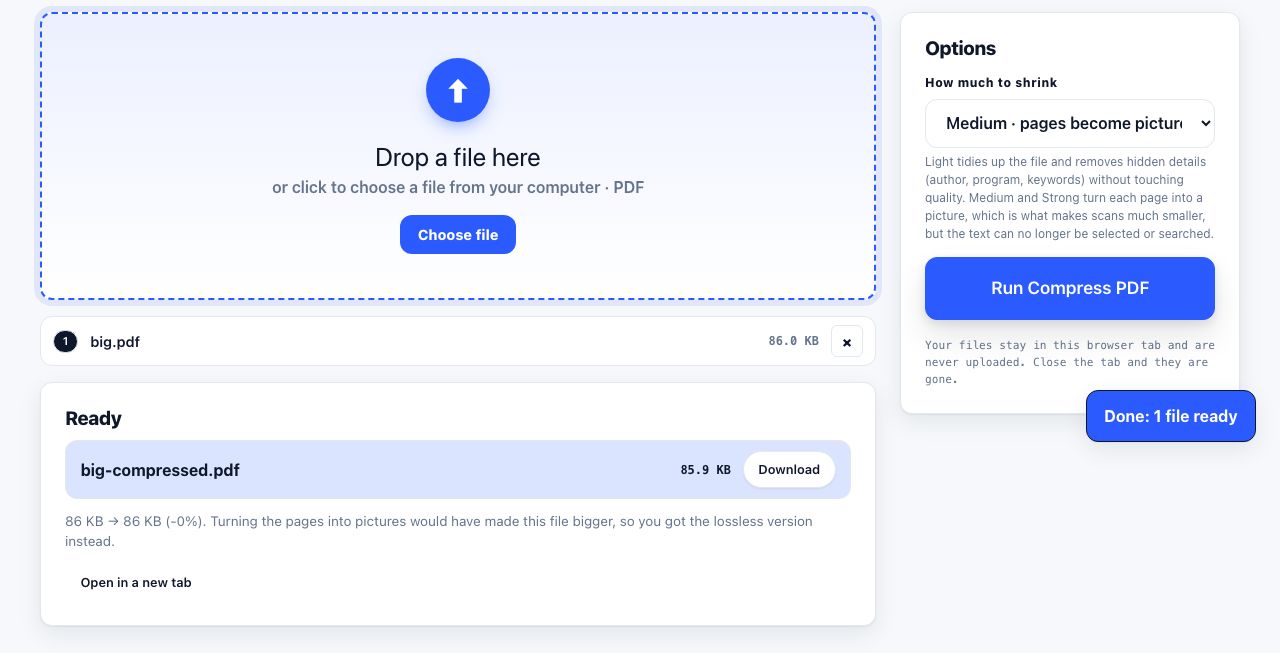 Compress PDF in PrintxPDF with a file loaded, options visible and the run button ready