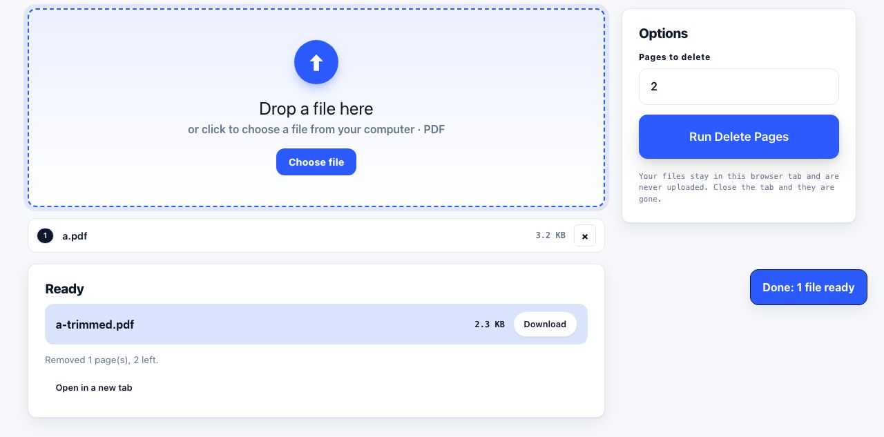 Delete Pages in PrintxPDF with a file loaded, options visible and the run button ready
