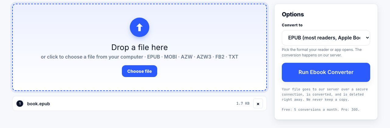 Ebook Converter in PrintxPDF with a file loaded, options on the right and the run button below