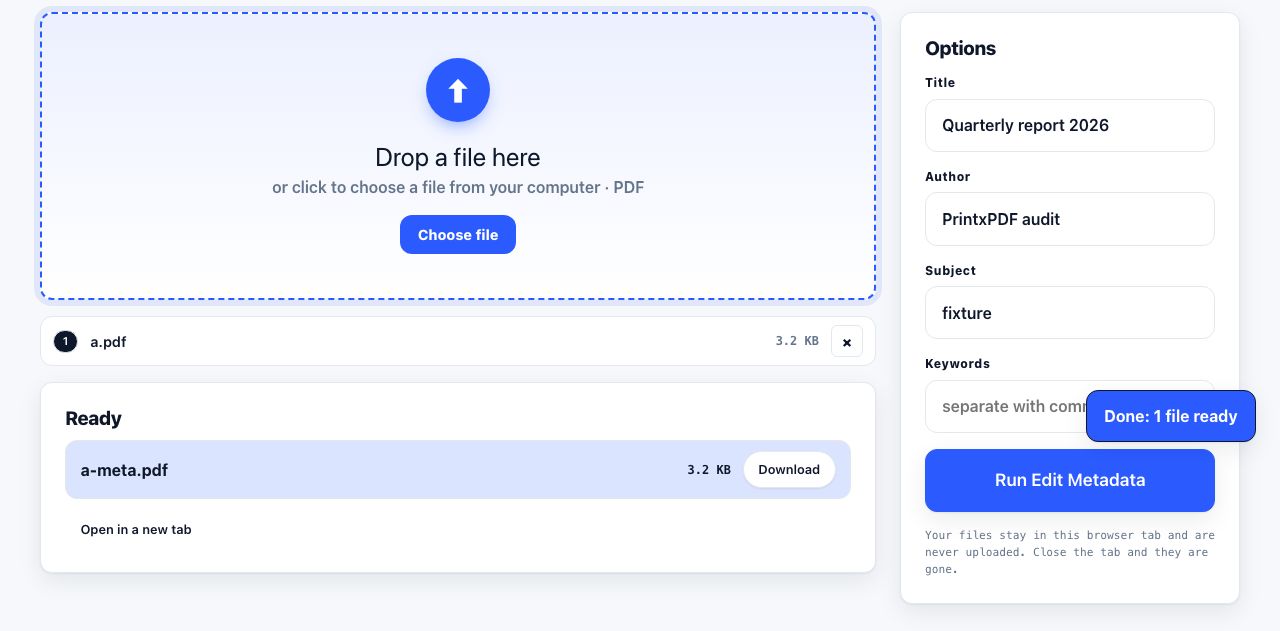 Edit Metadata in PrintxPDF with a file loaded, options visible and the run button ready