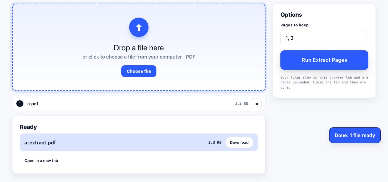 Extract Pages in PrintxPDF with a file loaded, options visible and the run button ready