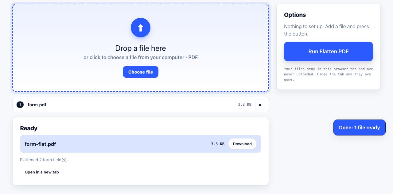 Flatten PDF in PrintxPDF with a file loaded, options visible and the run button ready