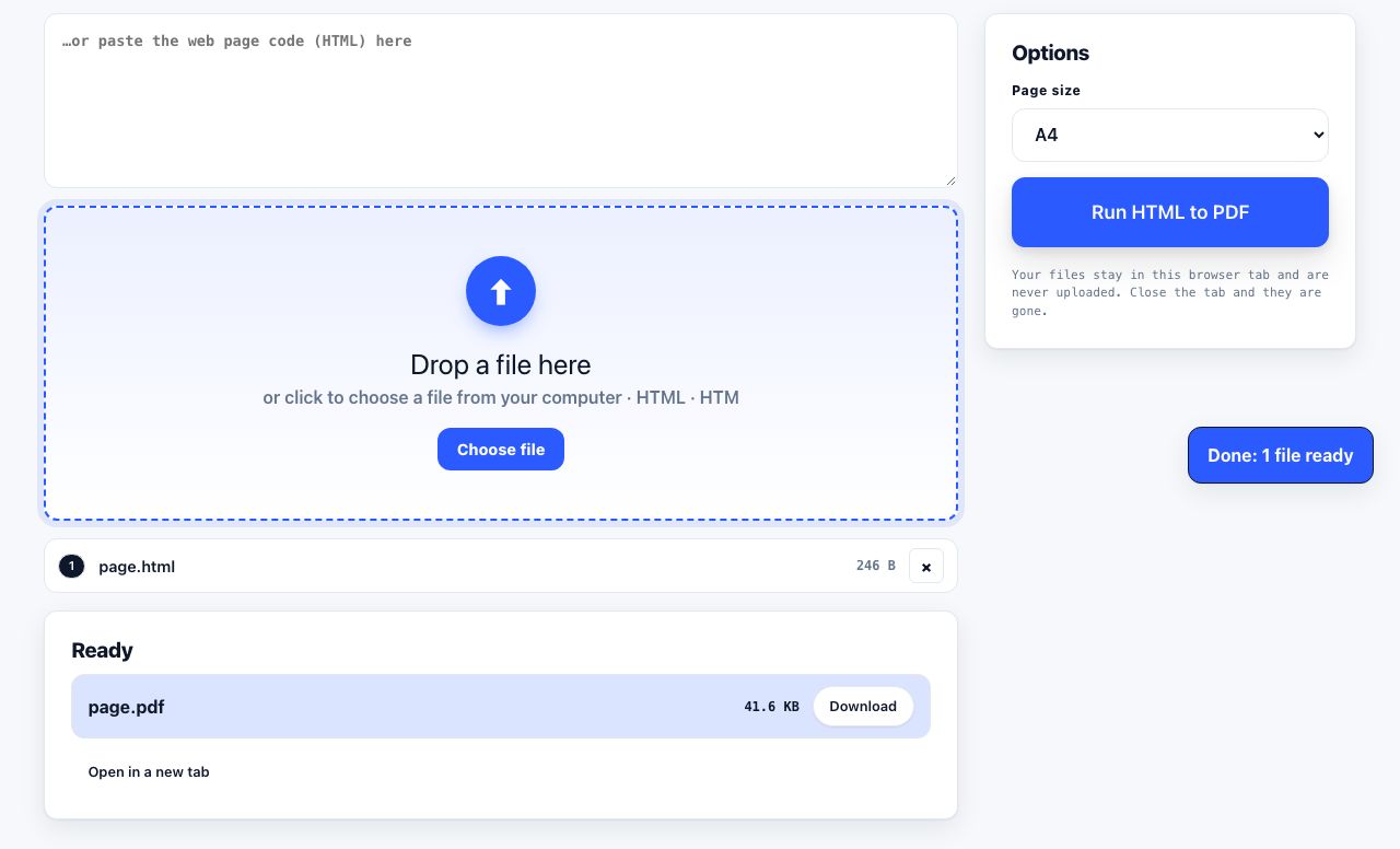 HTML to PDF in PrintxPDF with a file loaded, options visible and the run button ready