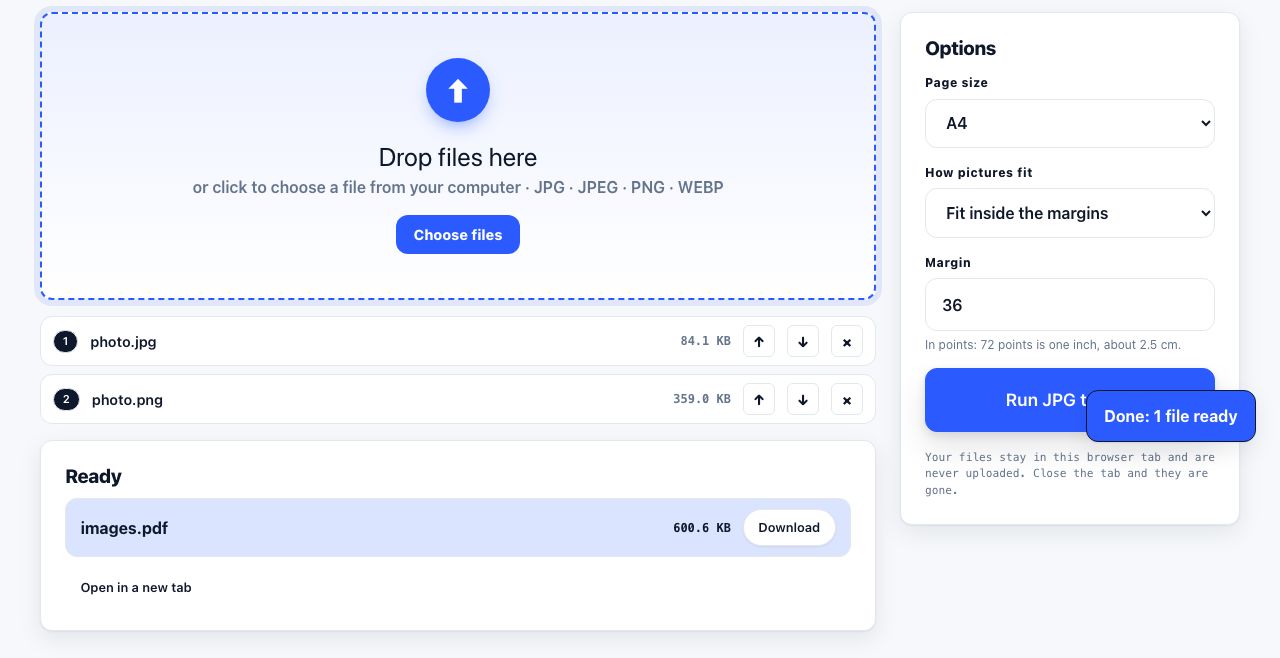 JPG to PDF in PrintxPDF with a file loaded, options visible and the run button ready