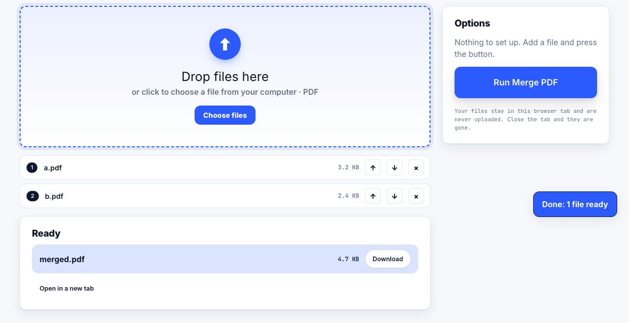Merge PDF in PrintxPDF with a file loaded, options on the right and the run button below