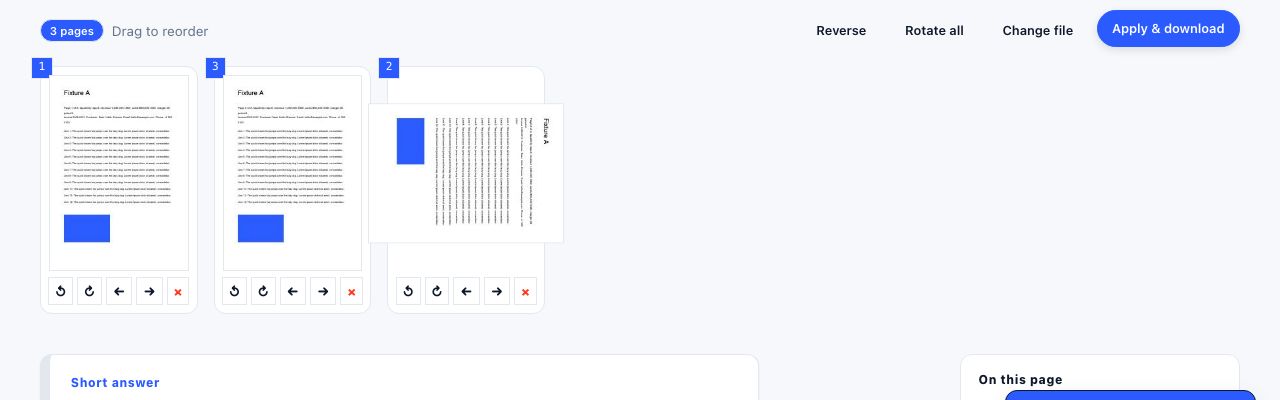 Organize Pages in PrintxPDF with a file loaded, options visible and the run button ready