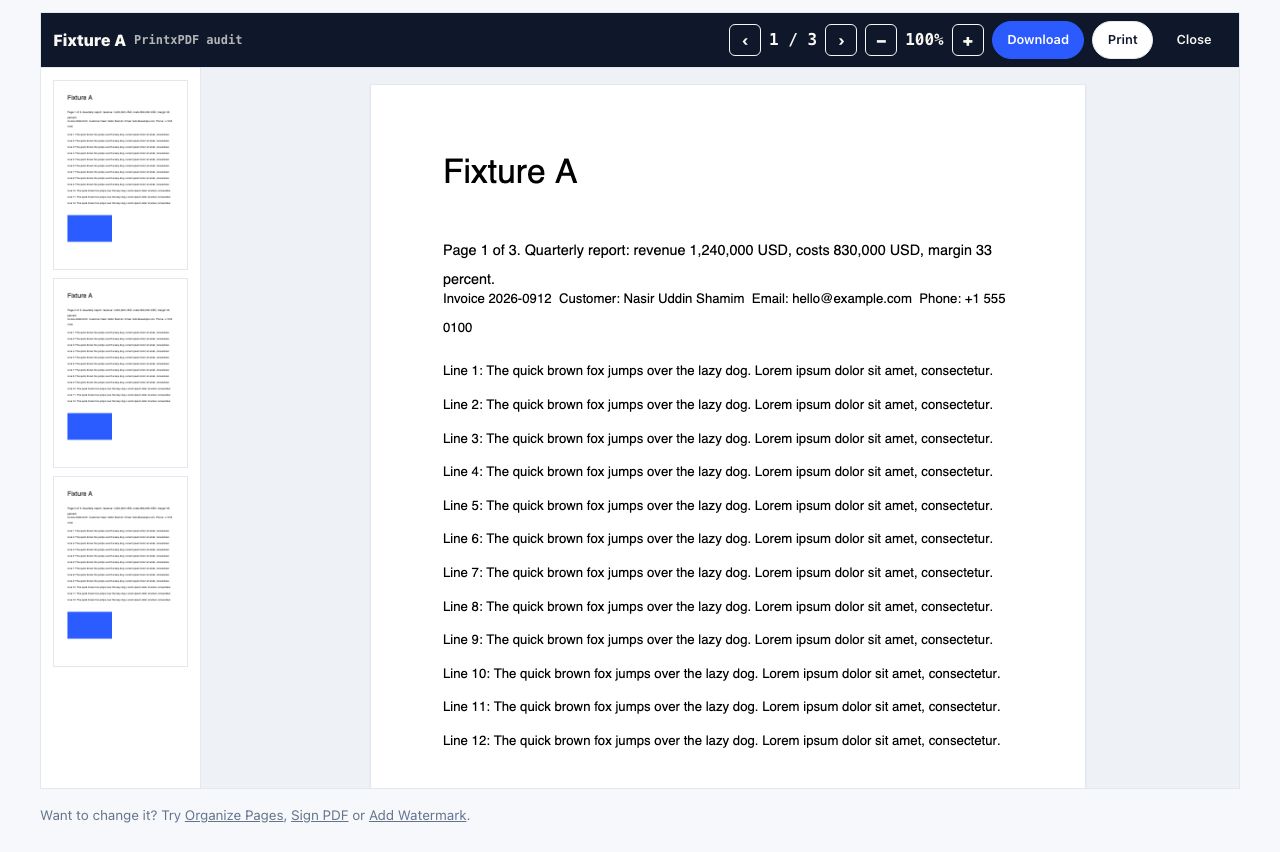PDF Reader in PrintxPDF with a file loaded, options visible and the run button ready