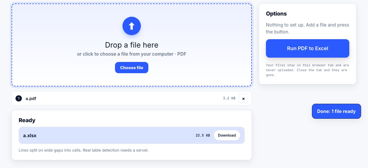 PDF to Excel in PrintxPDF with a file loaded, options on the right and the run button below