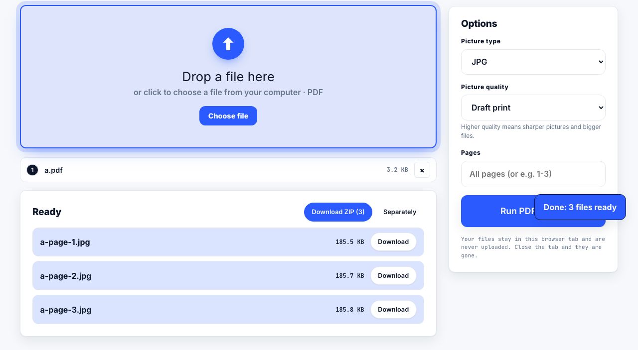 PDF to JPG in PrintxPDF with a file loaded, options on the right and the run button below