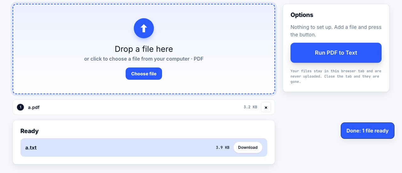 PDF to Text in PrintxPDF with a file loaded, options on the right and the run button below