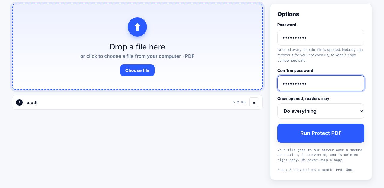 Protect PDF in PrintxPDF with a file loaded, options on the right and the run button below