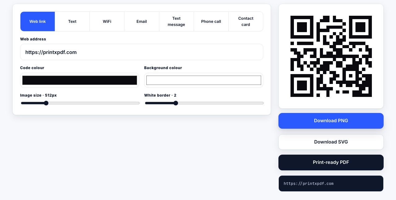 QR Code Generator in PrintxPDF with a file loaded, options on the right and the run button below