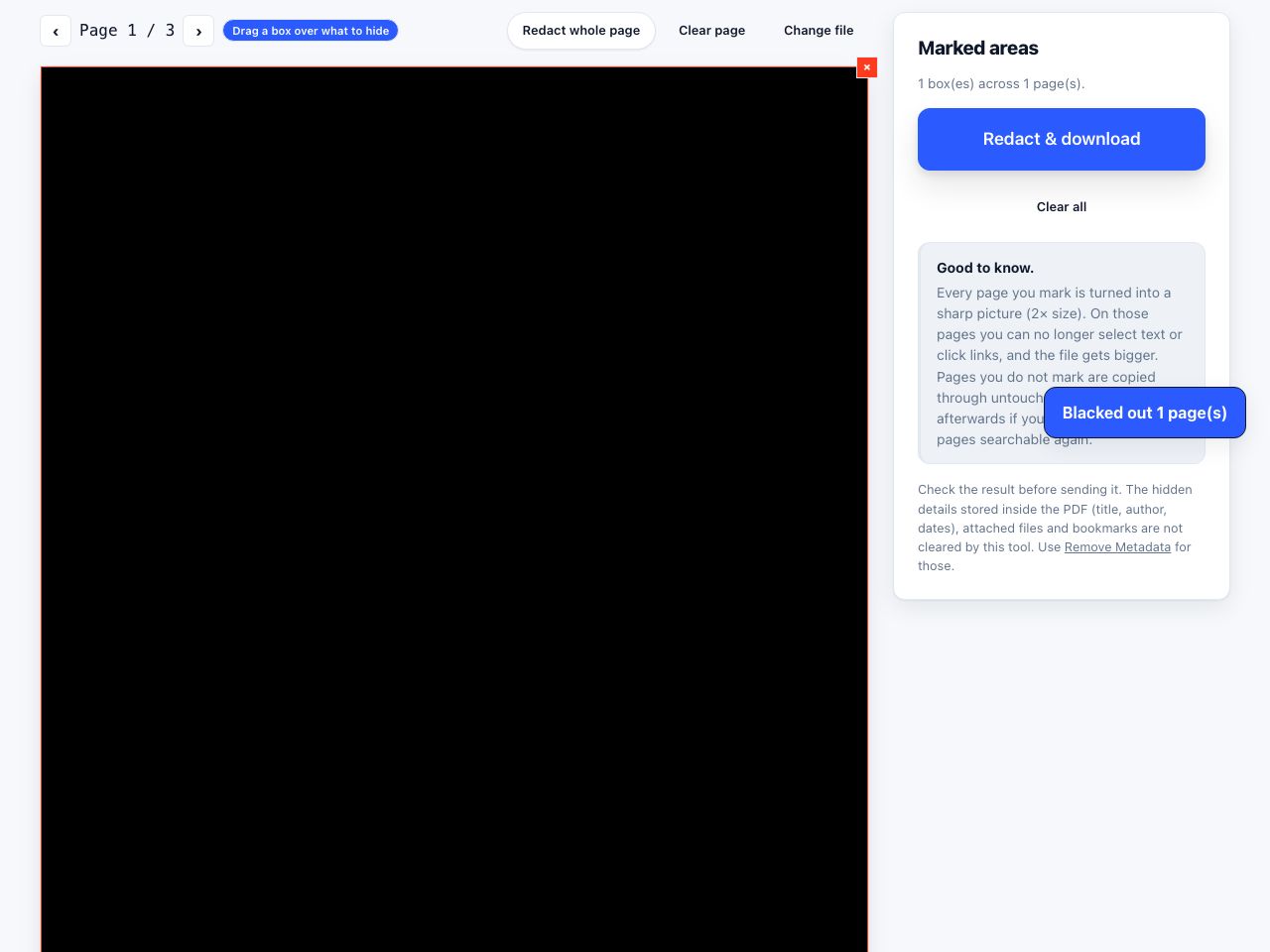 Redact PDF in PrintxPDF with a file loaded, options visible and the run button ready
