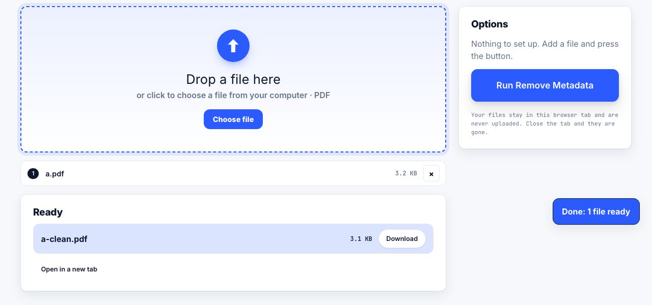 Remove Metadata in PrintxPDF with a file loaded, options on the right and the run button below