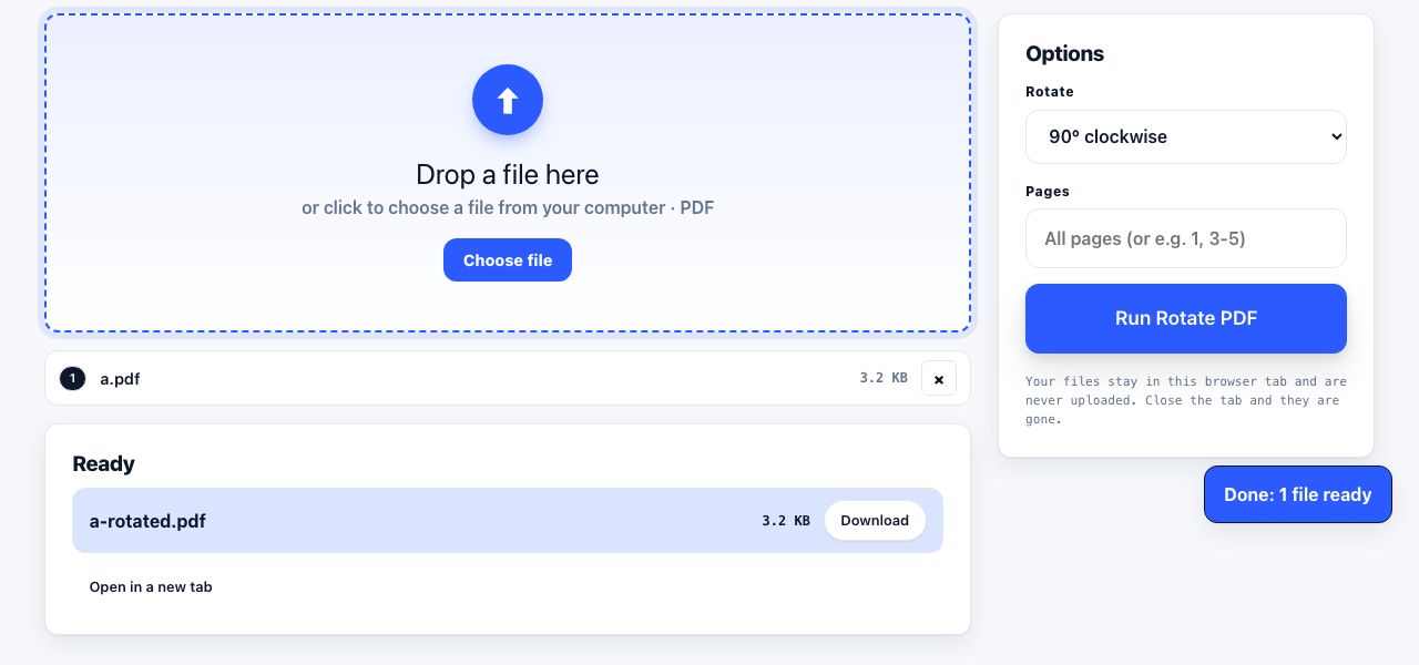 Rotate PDF in PrintxPDF with a file loaded, options visible and the run button ready