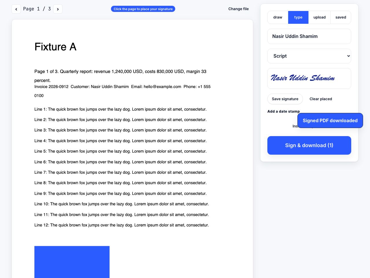 Sign PDF in PrintxPDF with a file loaded, options on the right and the run button below
