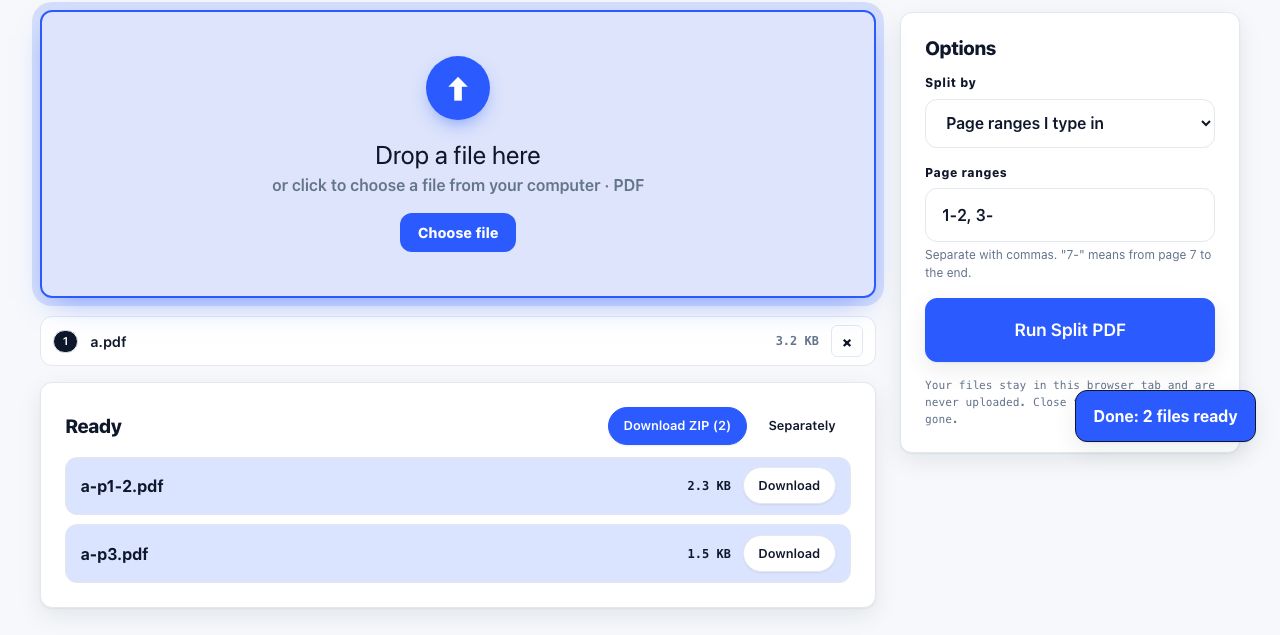 Split PDF in PrintxPDF with a file loaded, options visible and the run button ready