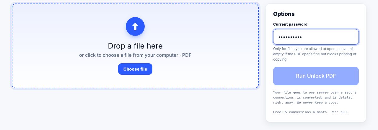 Unlock PDF in PrintxPDF with a file loaded, options on the right and the run button below